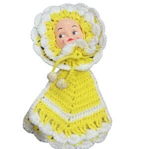 Vintage Handmade Crochet Doll Face Pot Holders Yellow Kitch Retro Kitchen